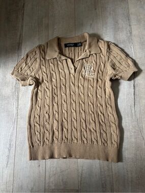 Ralph Lauren Short-Sleeve Cable Knit Polo Sweater in Tan